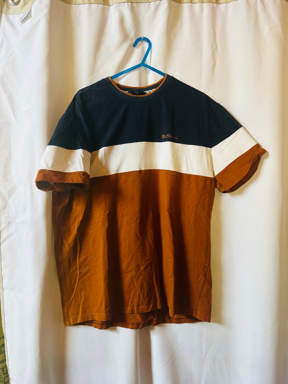 Ben Sherman Men's Short Sleeve Crew XL Neck Block Stripe  Shirt Navy White Tan